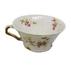 Antique Theodore Haviland Limoges France Porcelain Teacup Pink Floral & Gold Tri